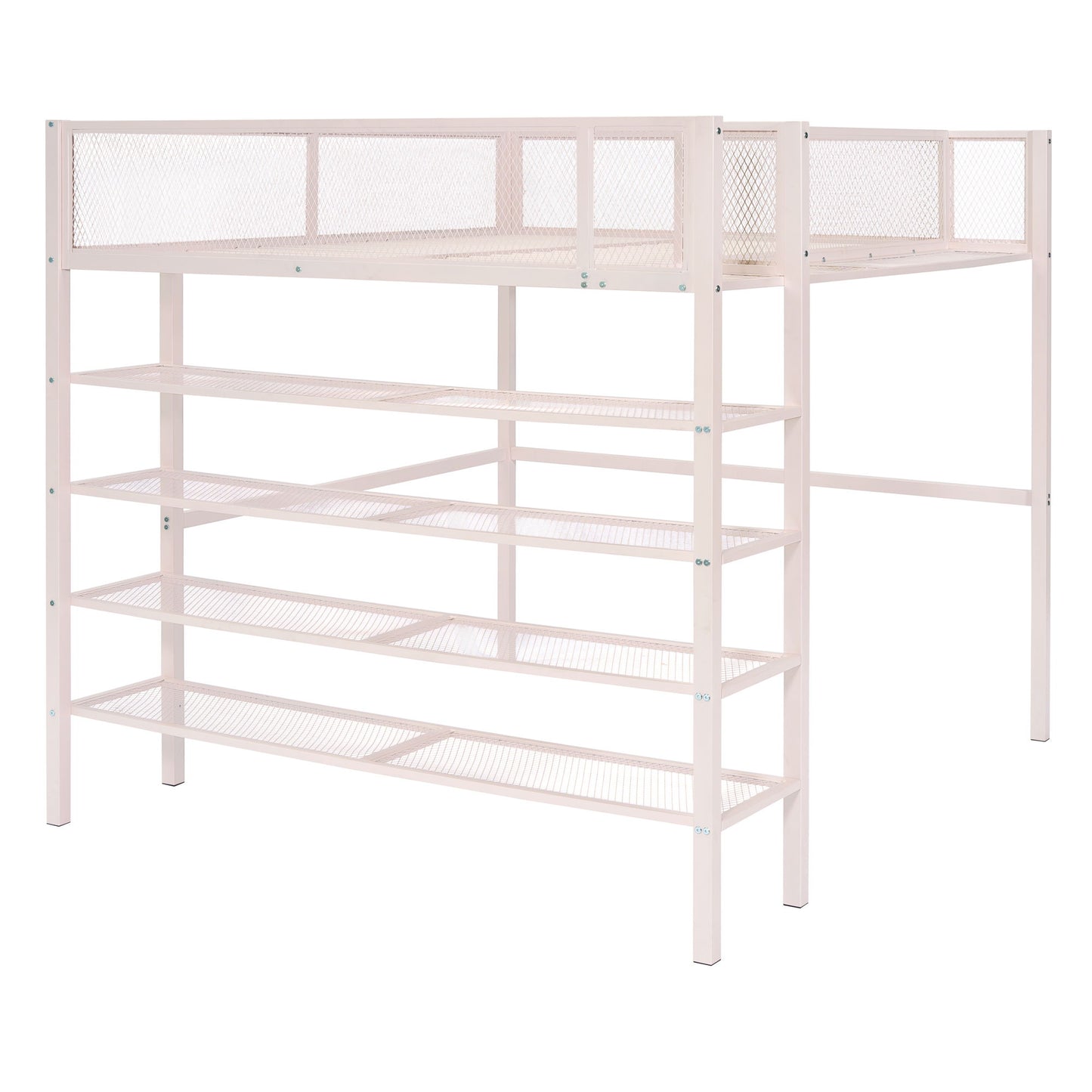 Full Size Loft Bed With 4 Tier Shelves And Storage - Pink