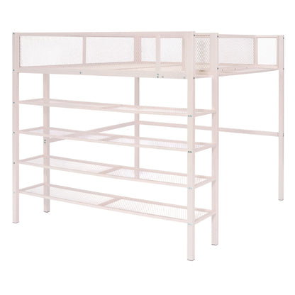 Full Size Loft Bed With 4 Tier Shelves And Storage - Pink