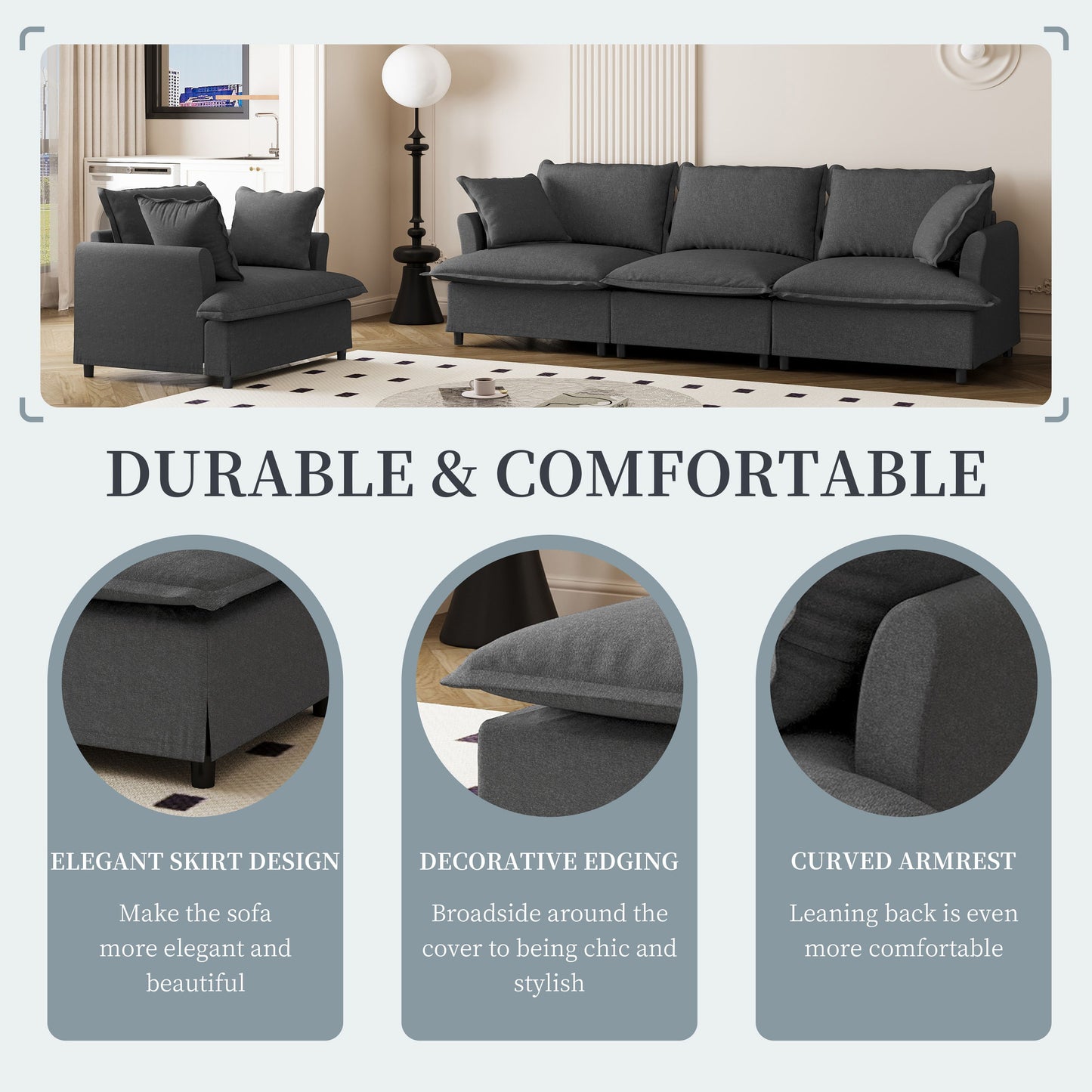 2 Piece Living Room Set With Throw Pillows Sectional Couch Sets, Upholstered 3 Seater Sofa & Armchair 4 Seat - Gray