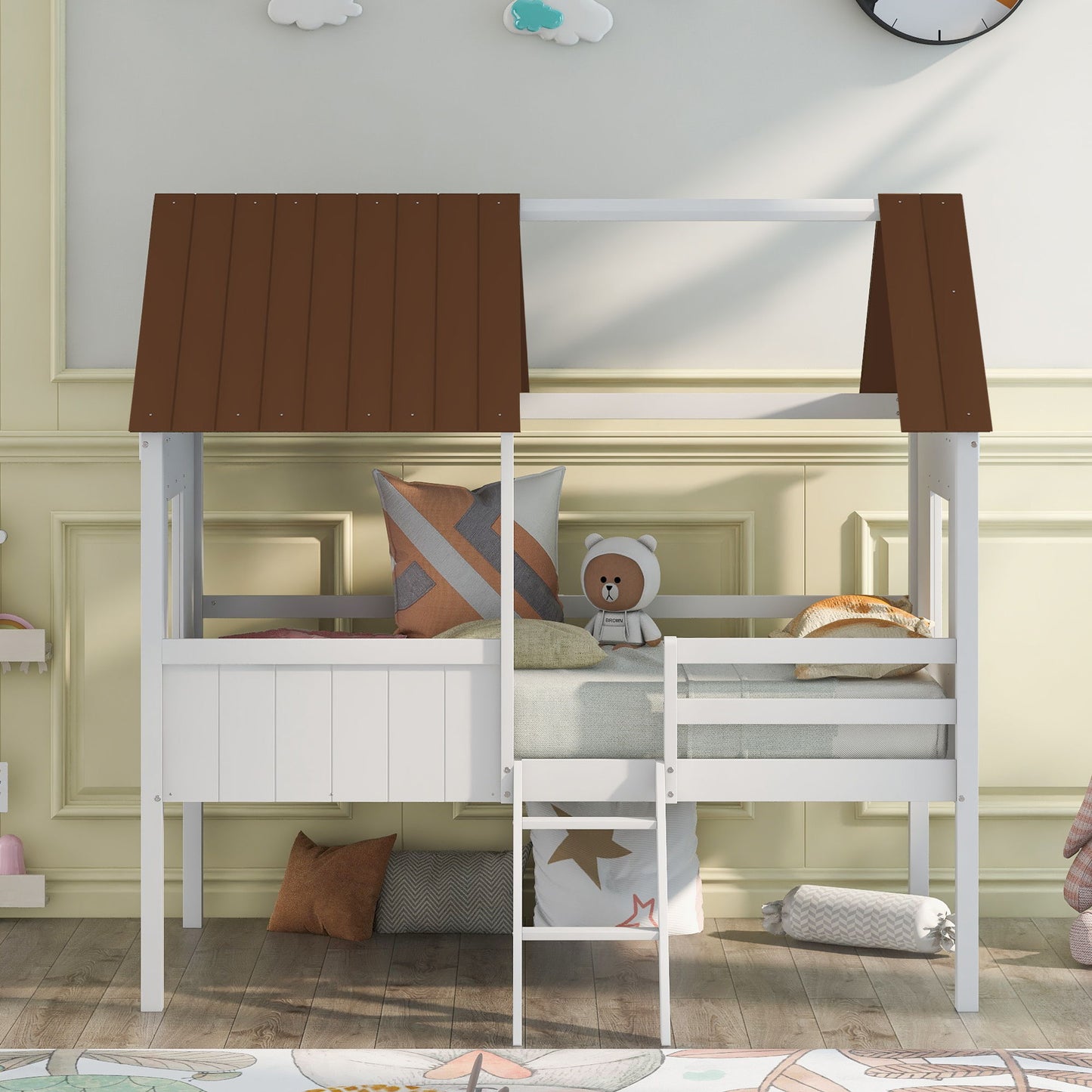 Twin Size Low Loft House Bed With Two Side Windows - White / Brown