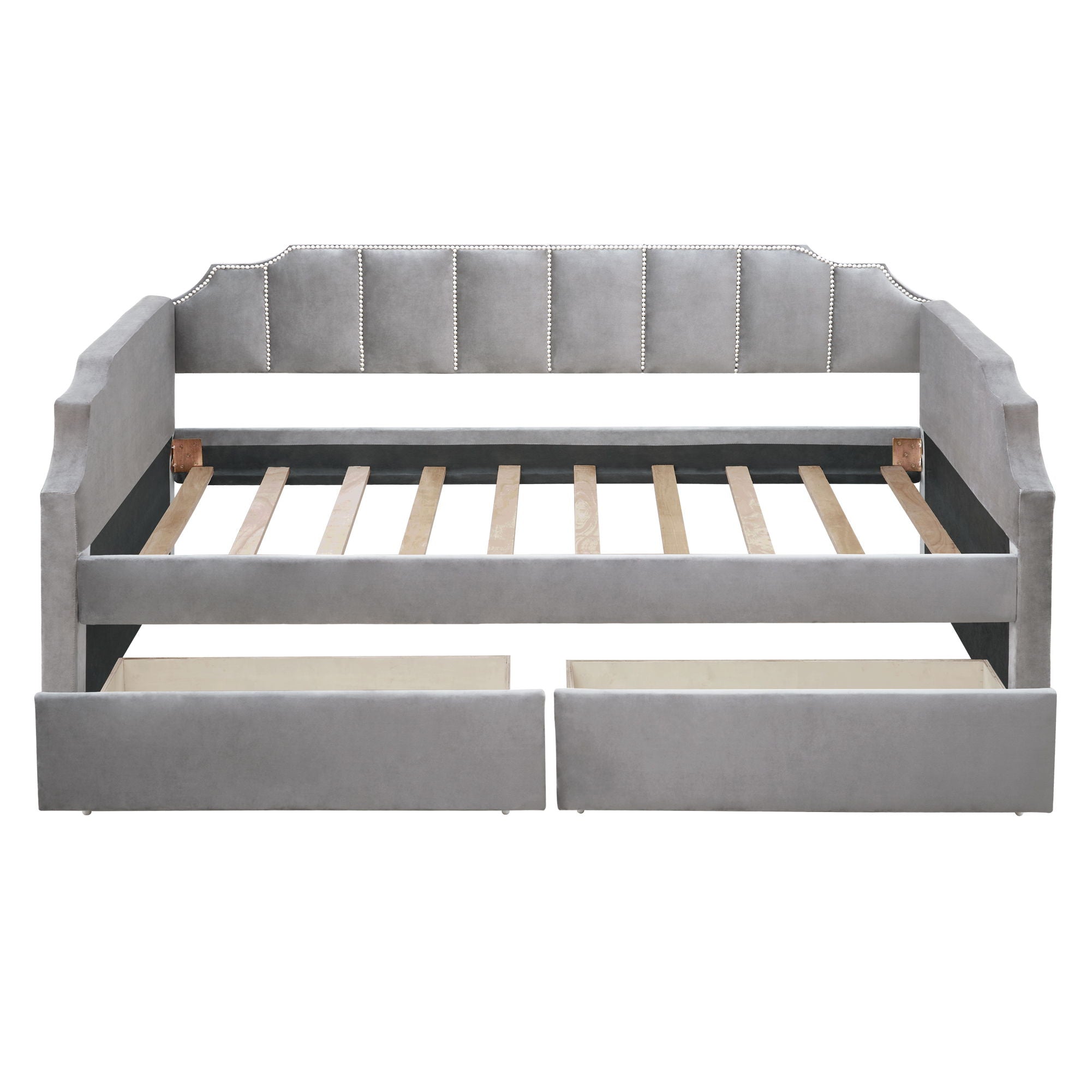 Twin Size Upholstered Classic Daybed With Drawers, Slat Support - Gray