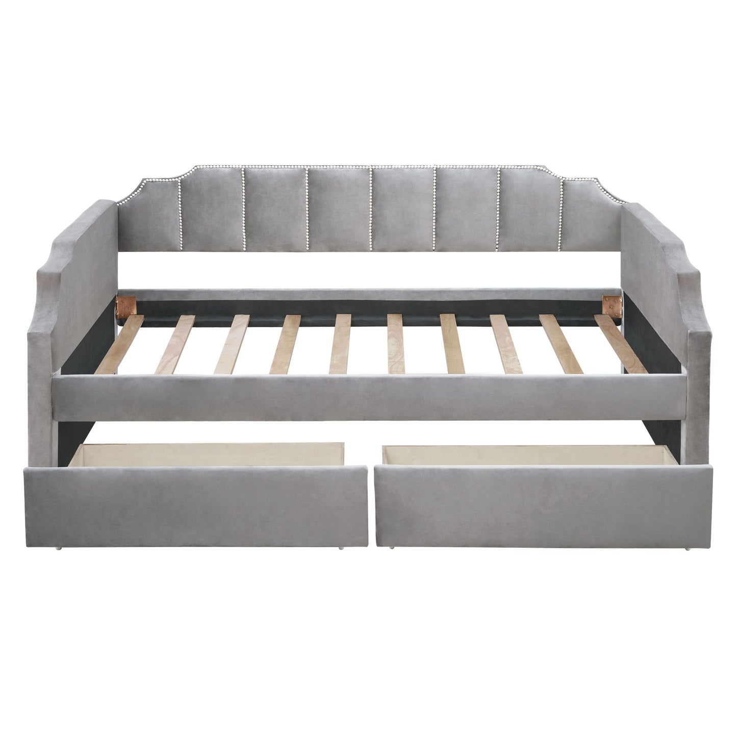 Twin Size Upholstered Classic Daybed With Drawers, Slat Support - Gray