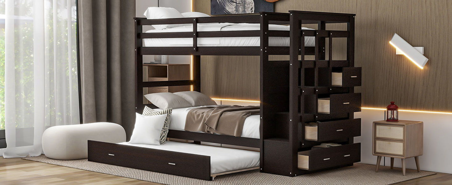 Twin Over Twin Bunk Bed With Trundle And Staircase - Espresso