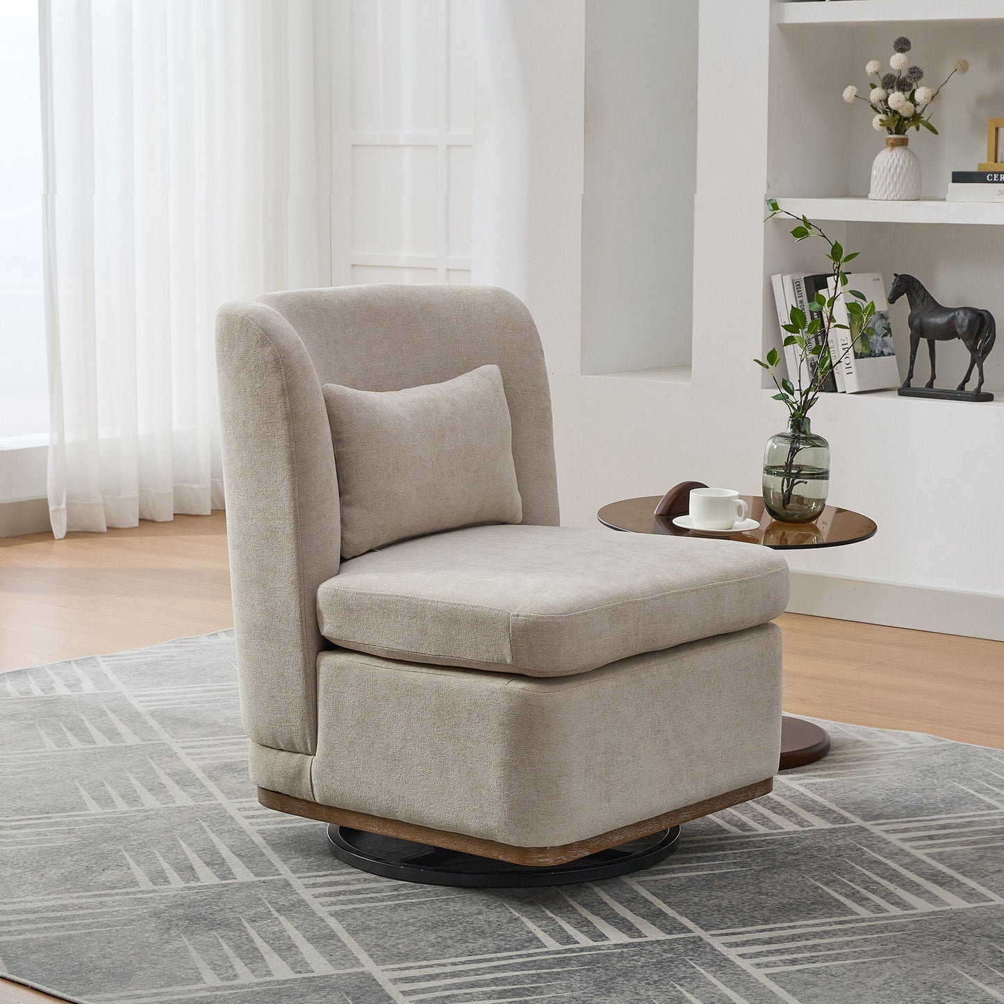Modern Cushioned Armless Metal Base 360 Degree Swivel Chair With Pillow, Suitable For Living Room, Family Room, Bedroom, Lounge Area, Office - Beige