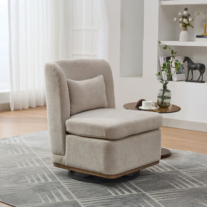 Modern Cushioned Armless Metal Base 360 Degree Swivel Chair With Pillow, Suitable For Living Room, Family Room, Bedroom, Lounge Area, Office - Beige