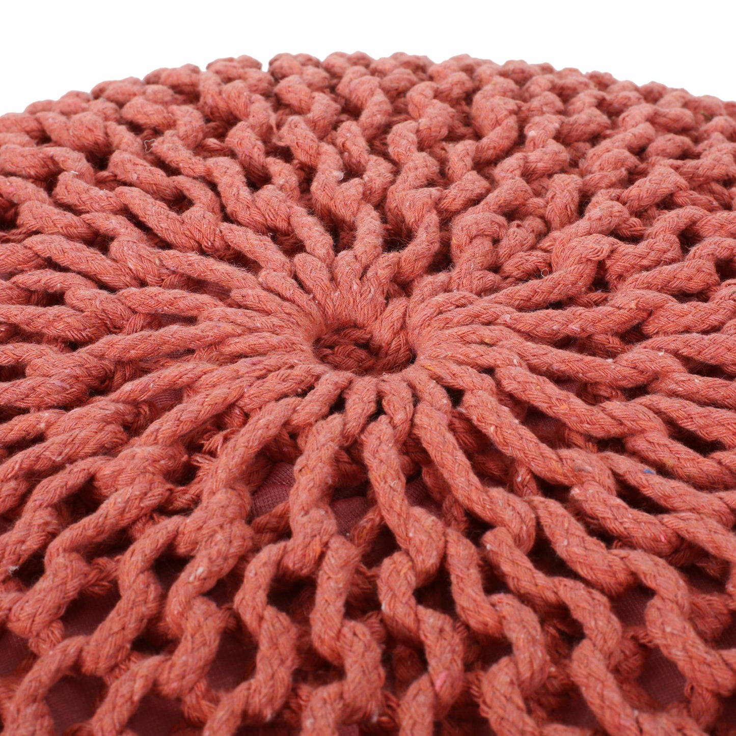 Bordeaux - Knitted Cotton Round Pouf, Versatile Ottoman And Cushion - Coral