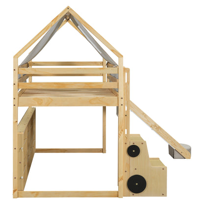 Twin Size Loft Bed With House Shaped Frame And Tent - Natural / Beige