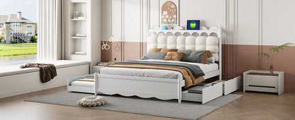 Queen Size Storage Platform Bed, With 2 Big Drawers, Twin Long Size Trundle, One Set Of Sockets & USB Ports - White