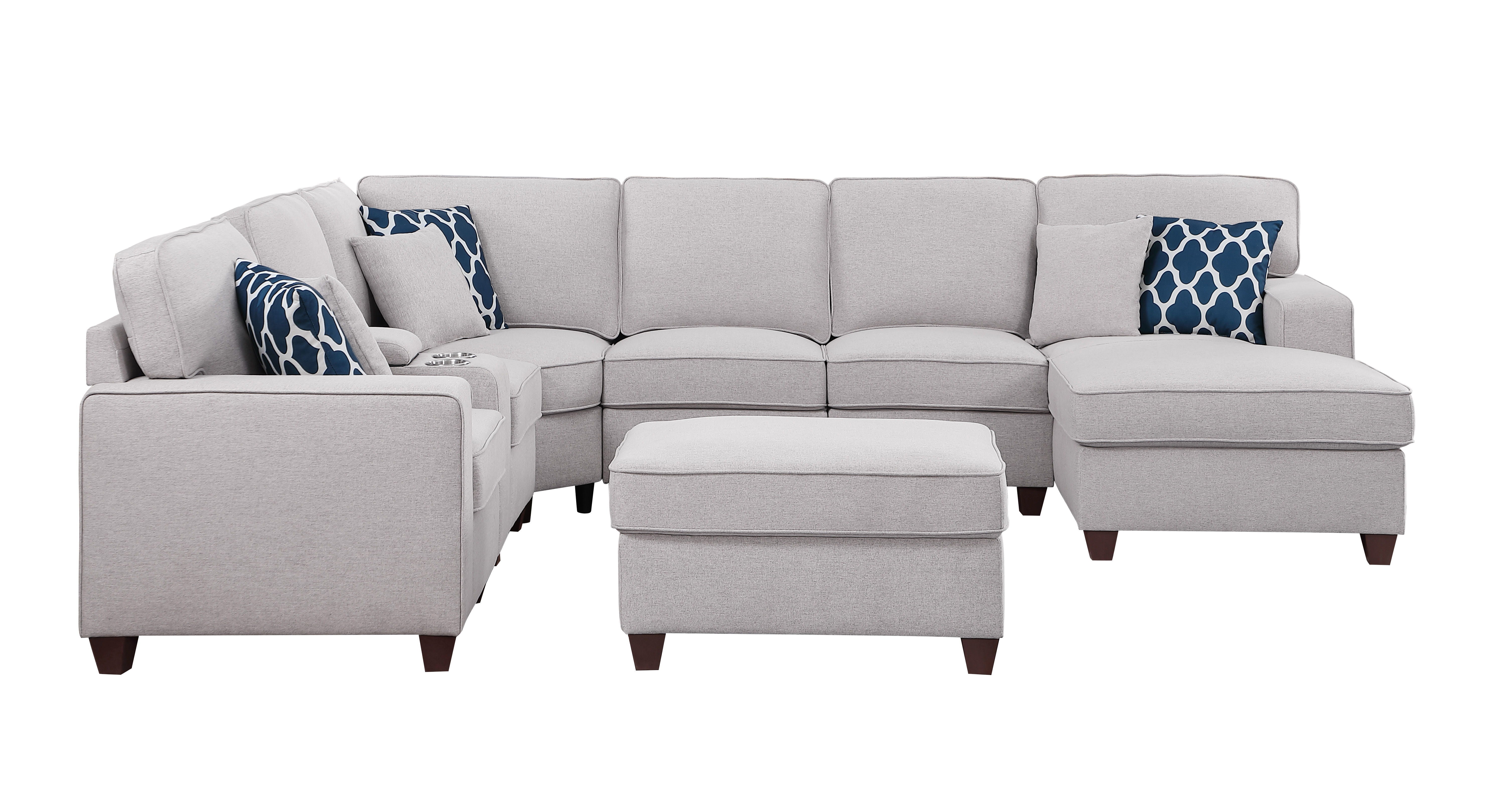 Tina - 8 Piece Upholstered Sectional With Ottoman - Light Gray