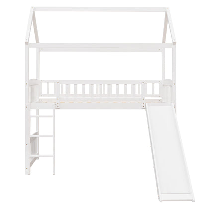 Twin House Loft Bed With Slide - White