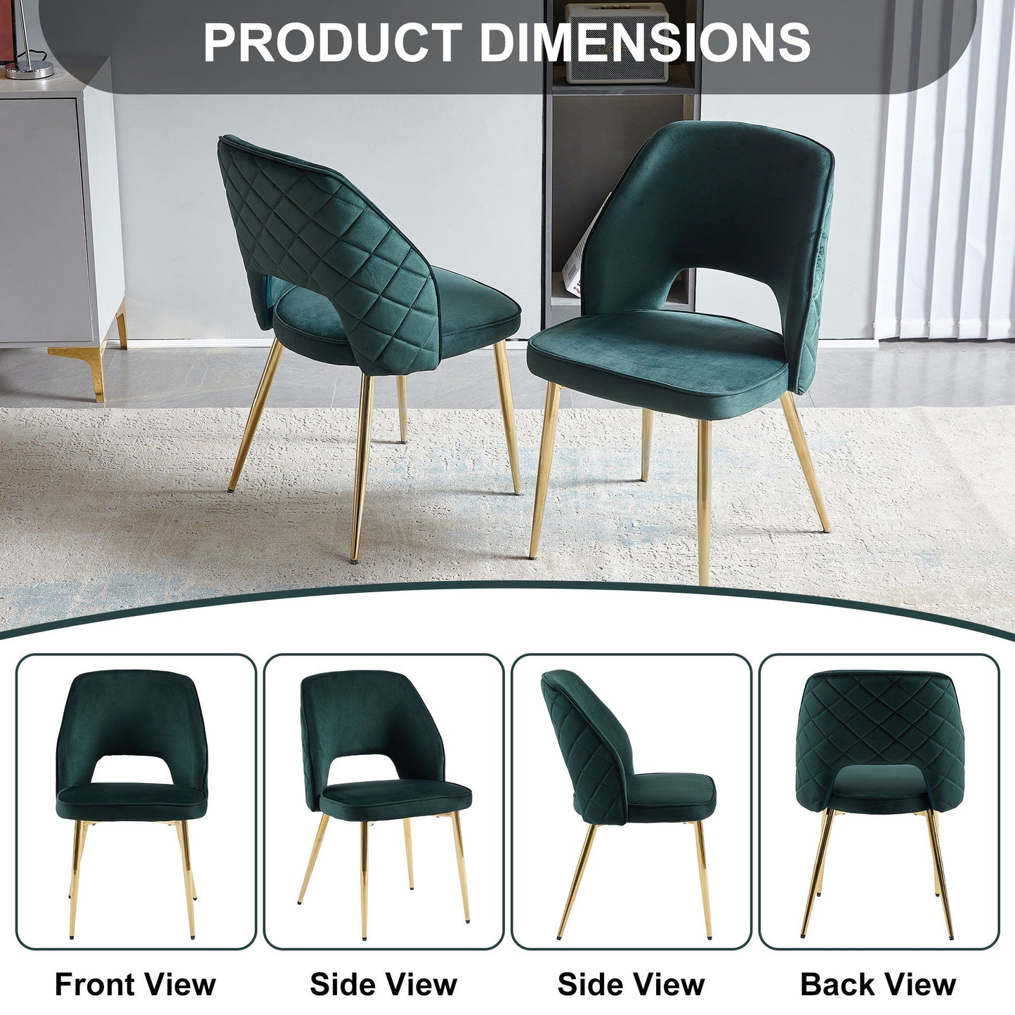 Velvet Dining Chairs With Metal Legs And Hollow Back Upholstered Dining Chairs (Set of 4) - Dark Green