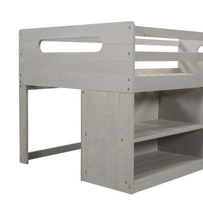 Twin Size Loft Bed With Two Shelves And Two Drawers - Antique Gray