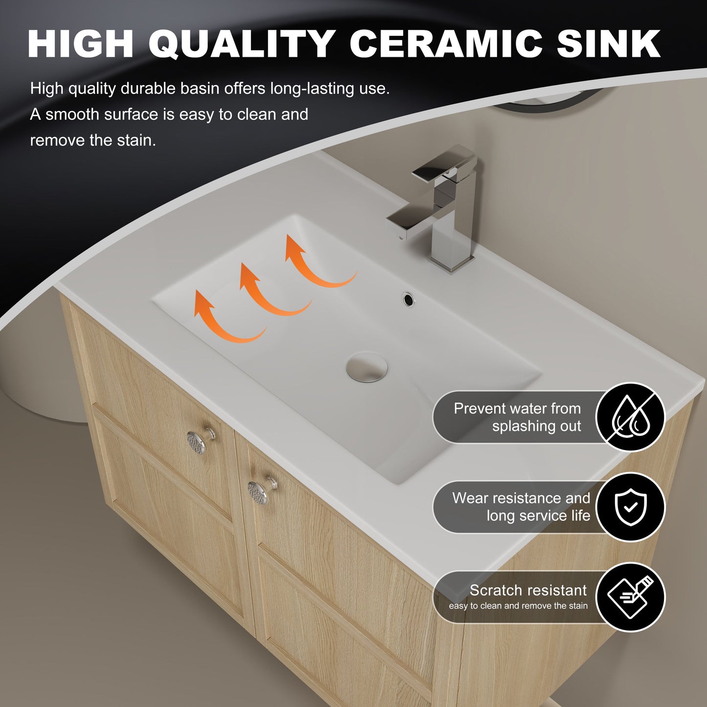 Modern Wall Mounted 30" Bathroom Vanity With Ceramic Sink And Soft Closing Doors - Oak