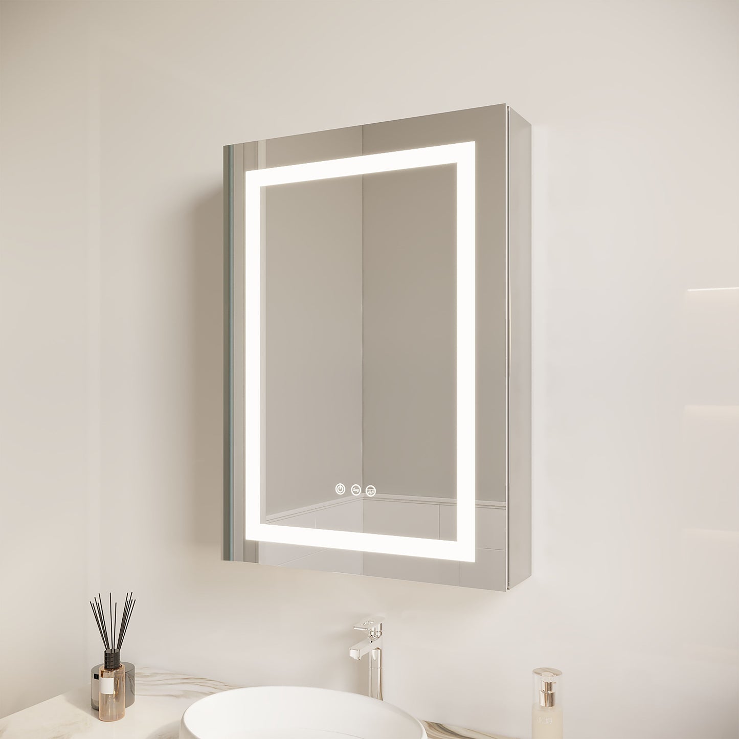 26" X 20" Bathroom Medicine Cabinet With LED Mirror, Anti-Fog, Waterproof, 3000K~6000K Single Door Lighted Bathroom Cabinet With Touch Swich, Dimmable, Recessed Or Surface Mount (Left Door) - Silver