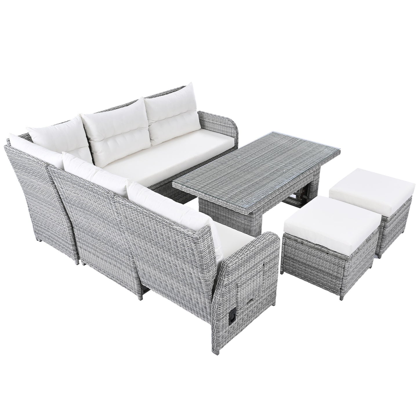 Outdoor Furniture Set Patio Rattan Furniture Set With An Adjustable Table, Recliners With Extendable Side Tables, And 2 Ottomans For Patio, Lawn, Backyard, Pool - Beige