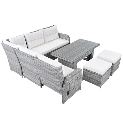 Outdoor Furniture Set Patio Rattan Furniture Set With An Adjustable Table, Recliners With Extendable Side Tables, And 2 Ottomans For Patio, Lawn, Backyard, Pool - Beige