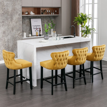 Contemporary Velvet Upholstered Wing-Back Barstools With Button Tufted Decoration And Wooden Legs, And Chrome Nailhead Trim, Leisure Style Bar Chairs, Bar Stools (Set of 4) - Gold
