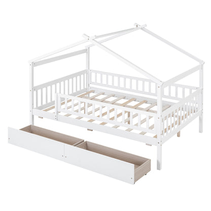 Full Size House Bed With 2 Drawers - White