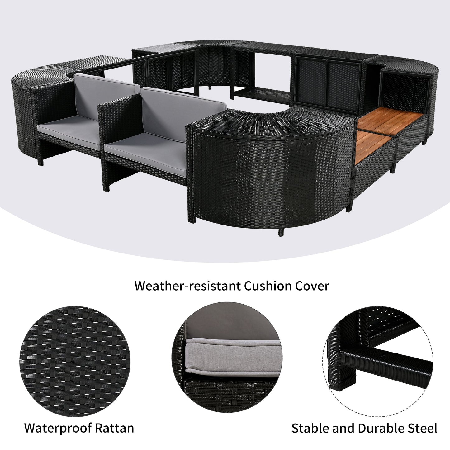 Spa Surround Spa Frame Quadrilateral Outdoor Rattan Sectional Sofa Set With Mini Sofa, Wooden Seats And Storage Spaces - Gray
