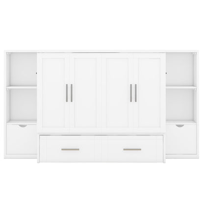 Queen Size Murphy Bed With Shelves, Drawers And USB Ports - White