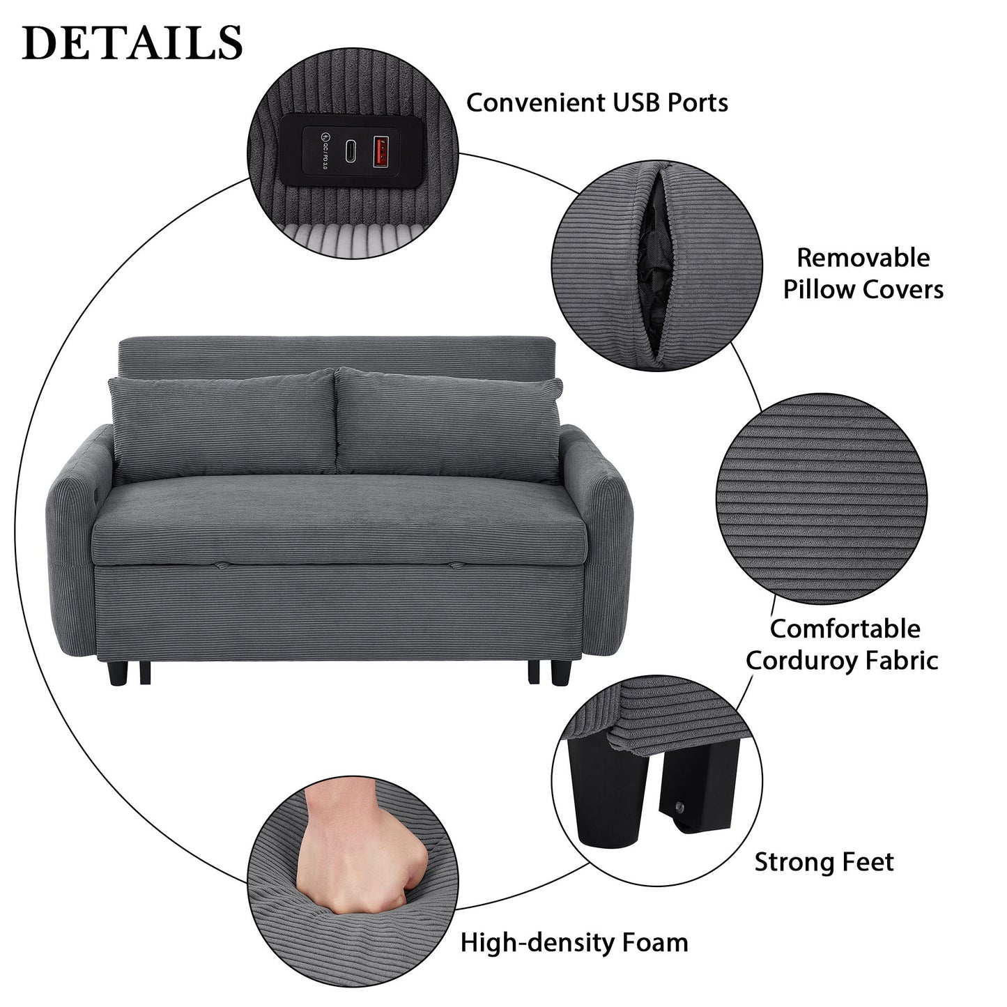 Pull Out Sofa Bed Convertible Couch 2 Seat Loveseat Sofa Modern Sleeper Sofa With 2 Throw Pillows And USB Ports For Living Room - Dark Gray