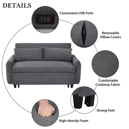 Pull Out Sofa Bed Convertible Couch 2 Seat Loveseat Sofa Modern Sleeper Sofa With 2 Throw Pillows And USB Ports For Living Room - Dark Gray