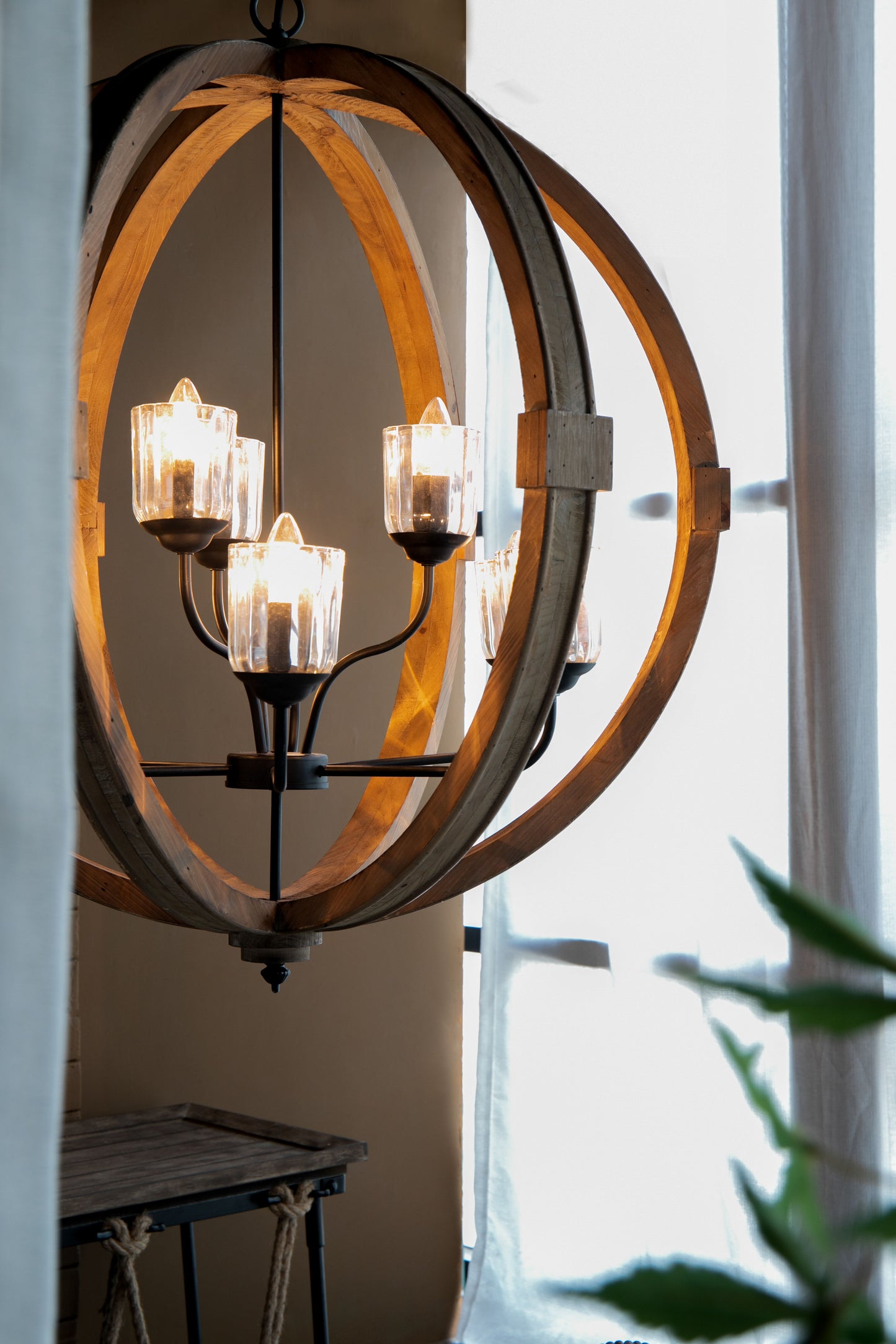 9 Light Globe Chandelier, Wood Chandelier Hanging Light Fixture With Adjustable Chain For Kitchen, Bulb Not Included - Brown