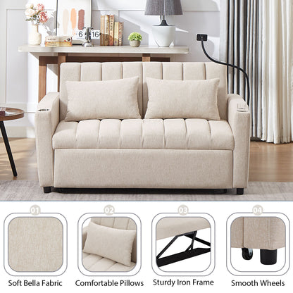 Convertible Sofa Bed Loveseat Sofa With Three USB Ports, Two Side Pockets, Two Cup Holders And 360ÔøΩÔøΩÔøΩÔøΩÔøΩÔøΩÔøΩÔøΩÔøΩÔøΩÔøΩÔøΩÔøΩÔøΩÔøΩÔøΩÔøΩÔøΩÔøΩÔøΩÔøΩÔøΩÔøΩÔøΩÔøΩÔøΩÔøΩÔøΩÔøΩÔøΩÔøΩÔøΩÔøΩ swivel Phone Holder For Living Room - Beige