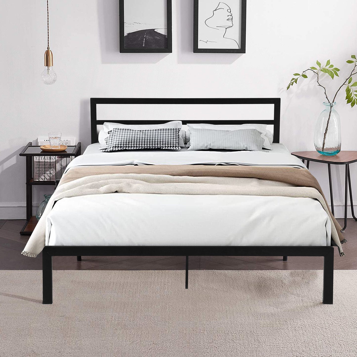 Queen Metal Bed Frame With Headboard - Black