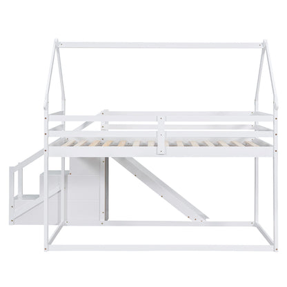 Twin Over Twin House Loft Or Bunk Bed With Slide And Staircase - White