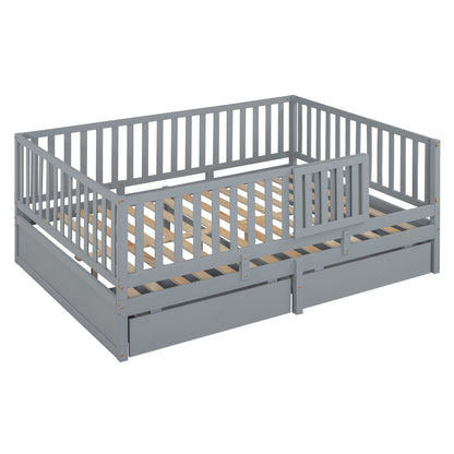 Full Size Daybed With Fence Guardrails And 2 Drawers - Gray