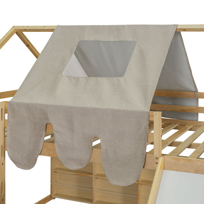 Full Size Loft Bed House Shaped Frame With Tent - Natural / Beige