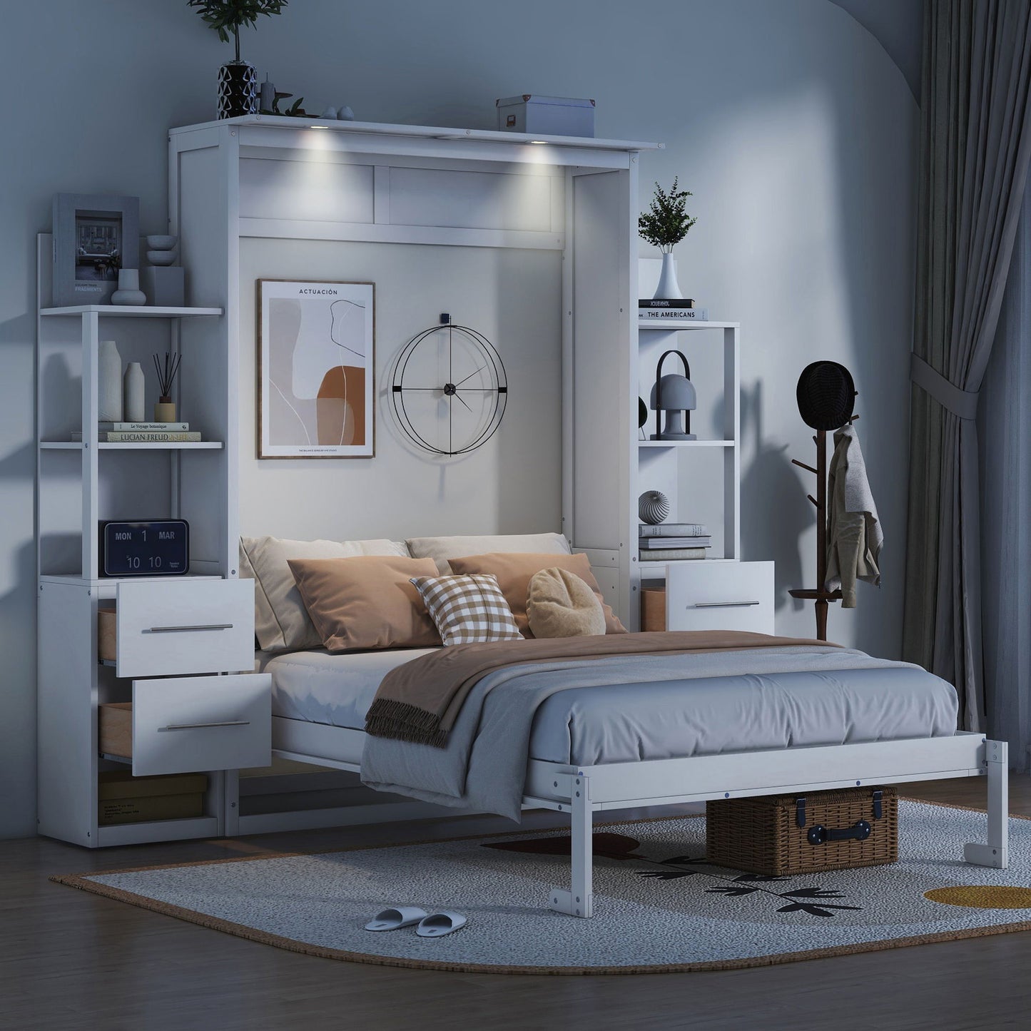 Full Size Murphy Wall Bed With Shelves, Drawers And LED Lights - White