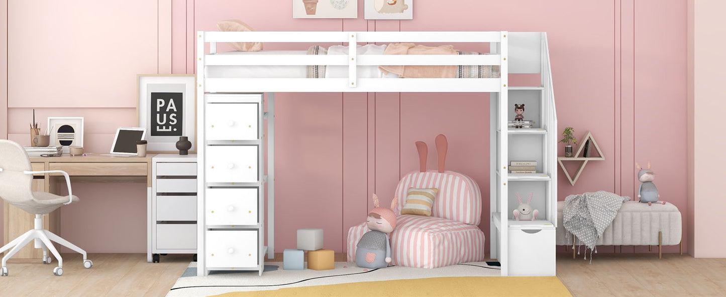 Twin Size Loft Bed With Storage Drawers And Stairs With Shelves - White