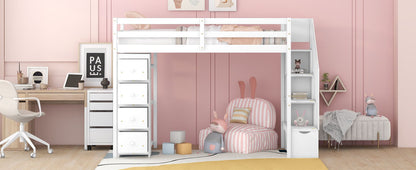 Twin Size Loft Bed With Storage Drawers And Stairs With Shelves - White
