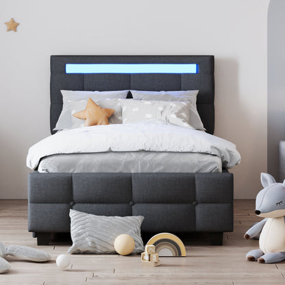 Twin Size Upholstered Platform Bed With LED Frame And 2 Drawers - Gray