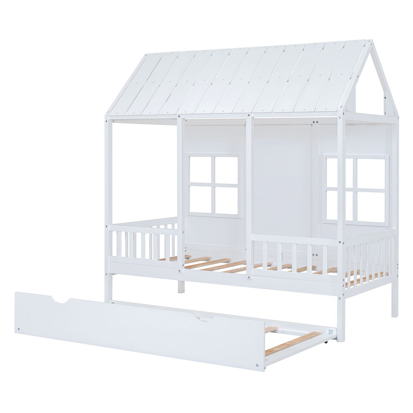 Twin Size House Bed With Twin Size Trundle, Daybed - White