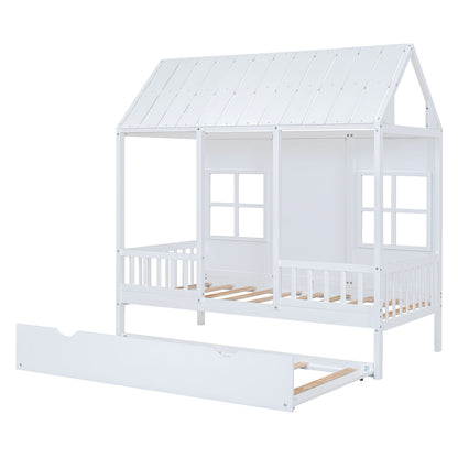 Twin Size House Bed With Twin Size Trundle, Daybed - White