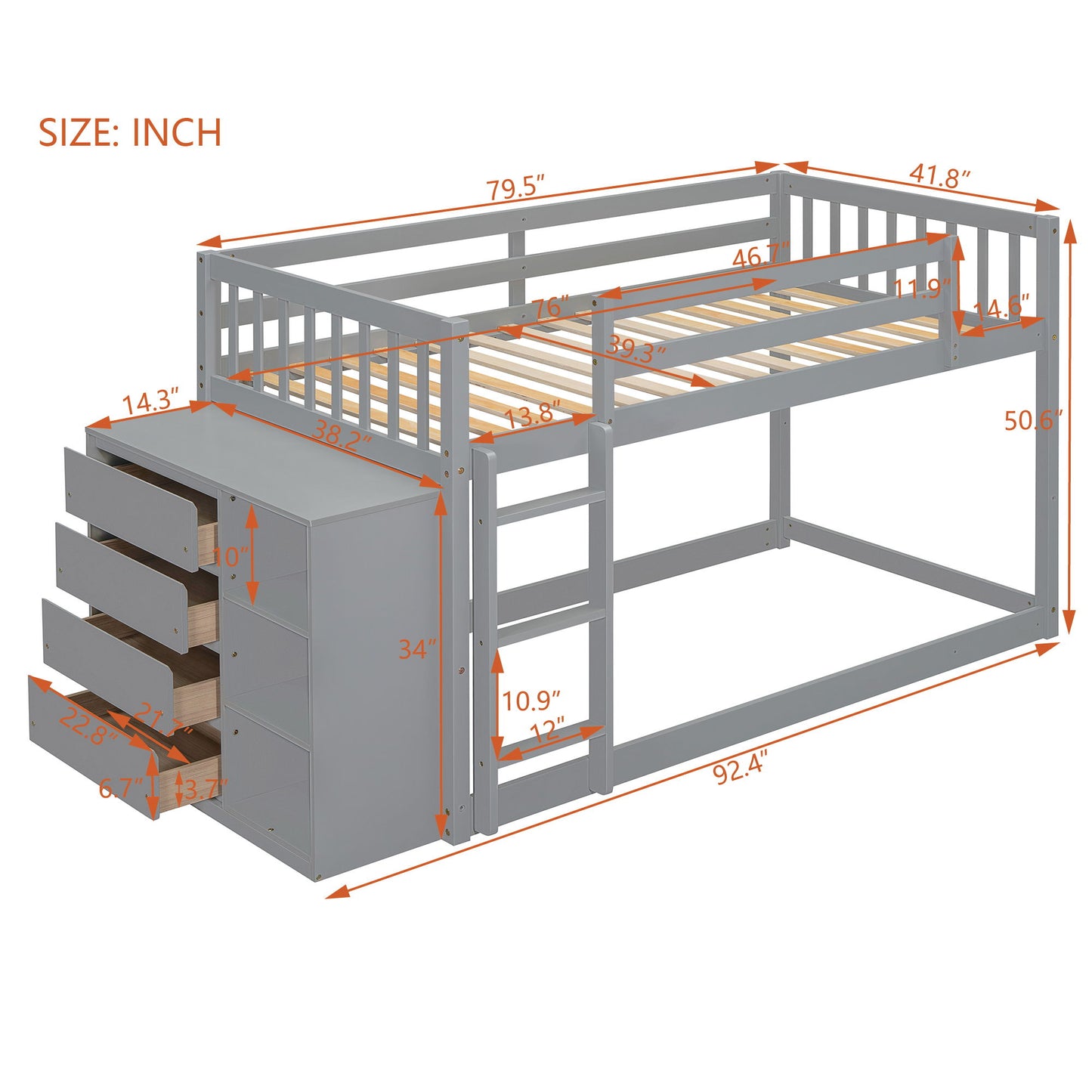 Twin Over Twin Classic Bunk Bed With 4 Drawers And 3 Shelves - Gray