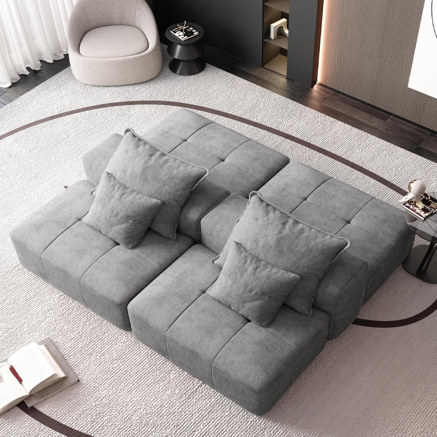 Modern Oversized Modular Sectional Sofa With 2 Ottoman And 2 Seat, Sparkling Chenille Fabric Soft Cushion Sofa With 4 Pillows, 4 Pieces Diy Combination Tufted Sofa, No Assembly Required - Gray