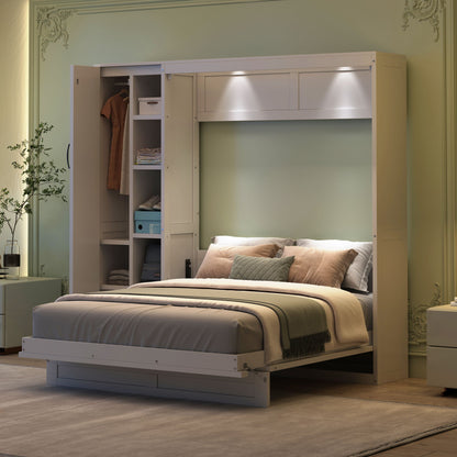 Full Size Murphy Wall Bed With Shelves, Wardrobe And LED Lights - White