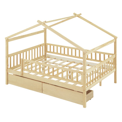 Full Size House Bed With 2 Drawers - Natural