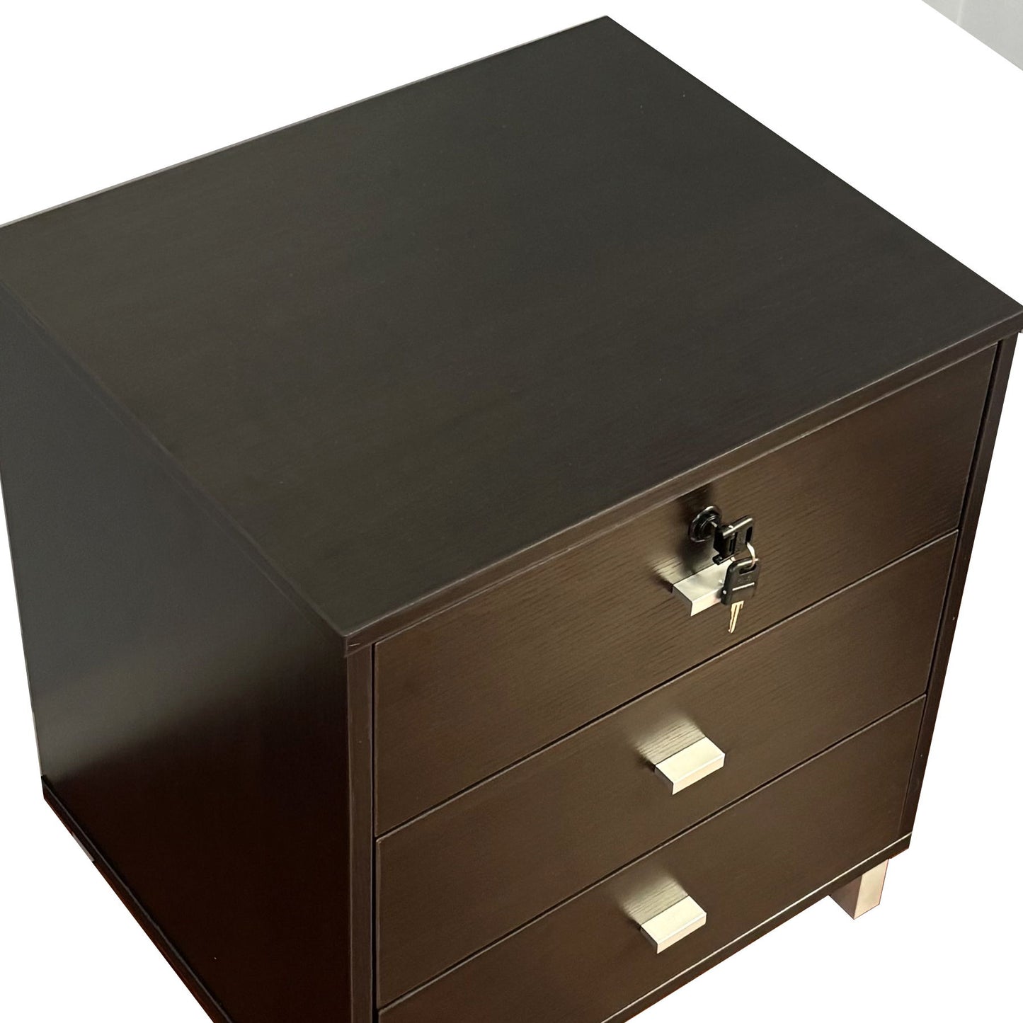 3 Drawer Nightstand Locking Top Drawer Metal Drawer Glides Metal Bar Handles - Espresso