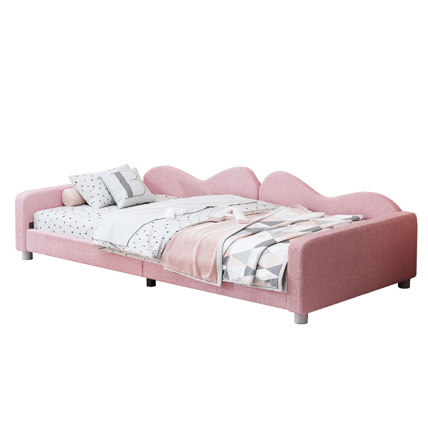 Twin Size Upholstered Daybed, Sherpa Fabric Sofabed With Cloud-Shaped Backrest, No Box - Spring Needed - Pink