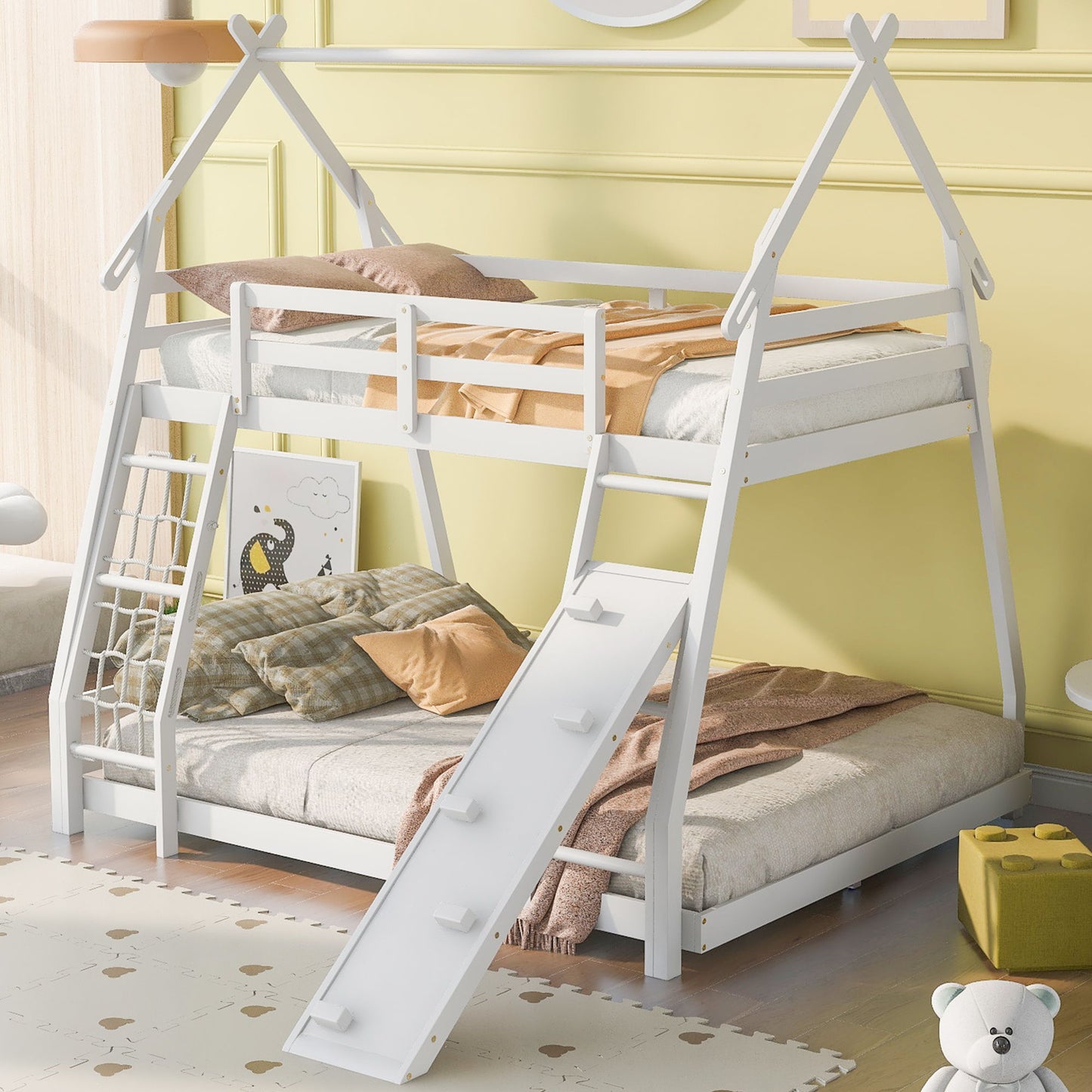 Twin Over Queen House Bunk Bed With Climbing Nets And Climbing Ramp - White