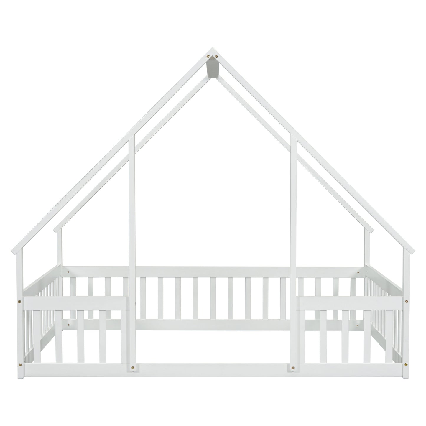 Full Wood House-Shaped Floor Bed With Fence, Guardrails - White