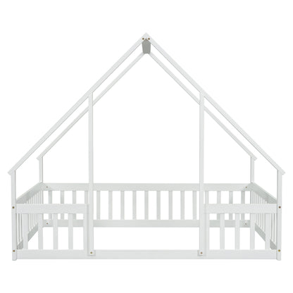 Full Wood House-Shaped Floor Bed With Fence, Guardrails - White