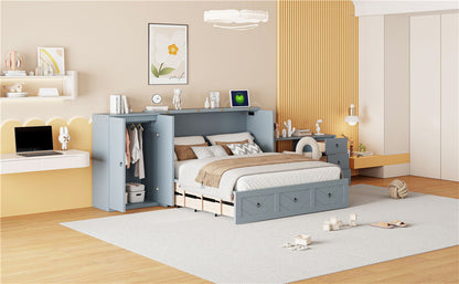 Queen Size Murphy Bed With USB Port, Large Drawer, And Wardrobe / Desk Combo Versatile Cabinet Bed - Gray