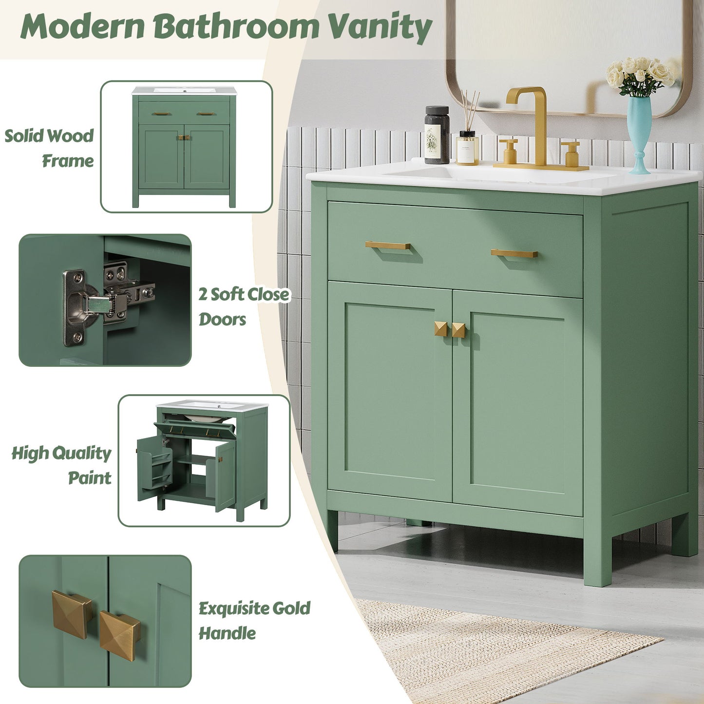 Bathroom Vanity With Ceramic Sink, Modern Single Bathroom Cabinet With 2 Doors And A Shelf, Soft Close Doors - Green