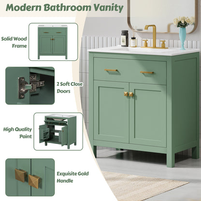 Bathroom Vanity With Ceramic Sink, Modern Single Bathroom Cabinet With 2 Doors And A Shelf, Soft Close Doors - Green